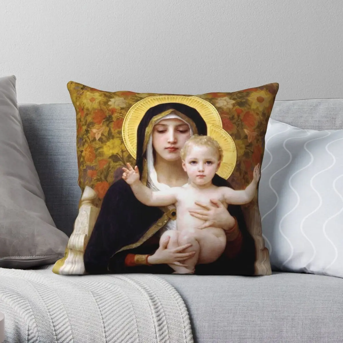 Virgin Of The Lilies Bouguereau Pillowcase Polyester Linen Velvet Creative Decor Throw Pillow Case Home Cushion Cover Wholesale