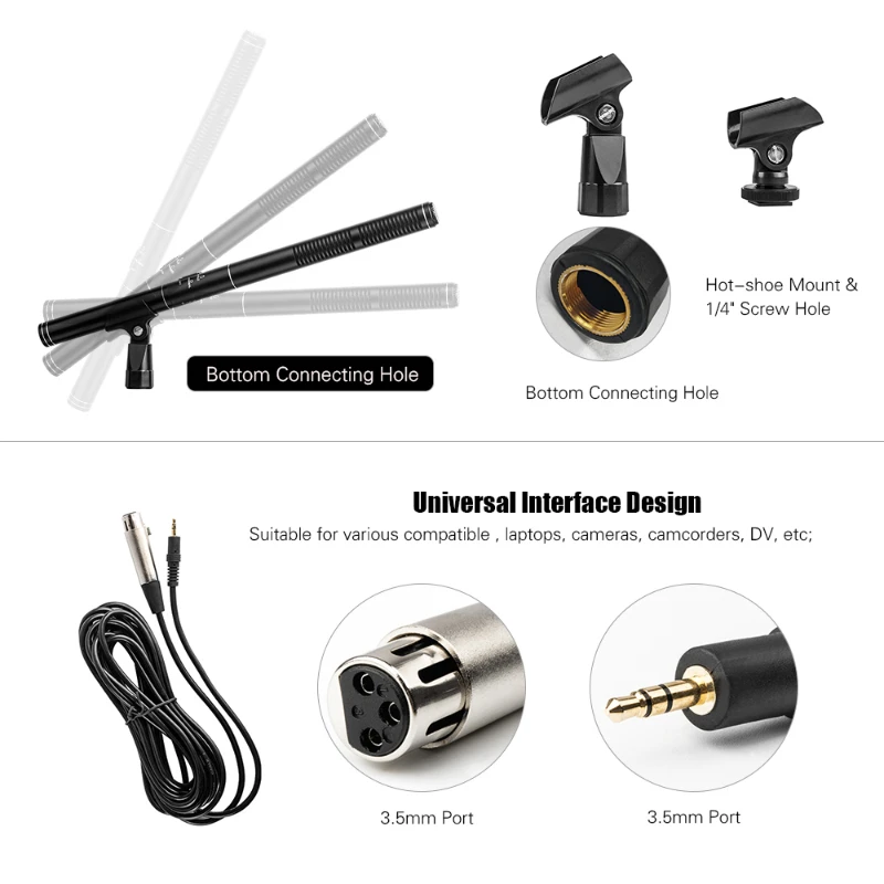 ميكروفون مقابلة محمول باليد مع قوس ، ميكروفونات بندقية مكثف قلبي ، ميكروفون تسجيل احترافي لـ DSLR ، كاميرا DV
