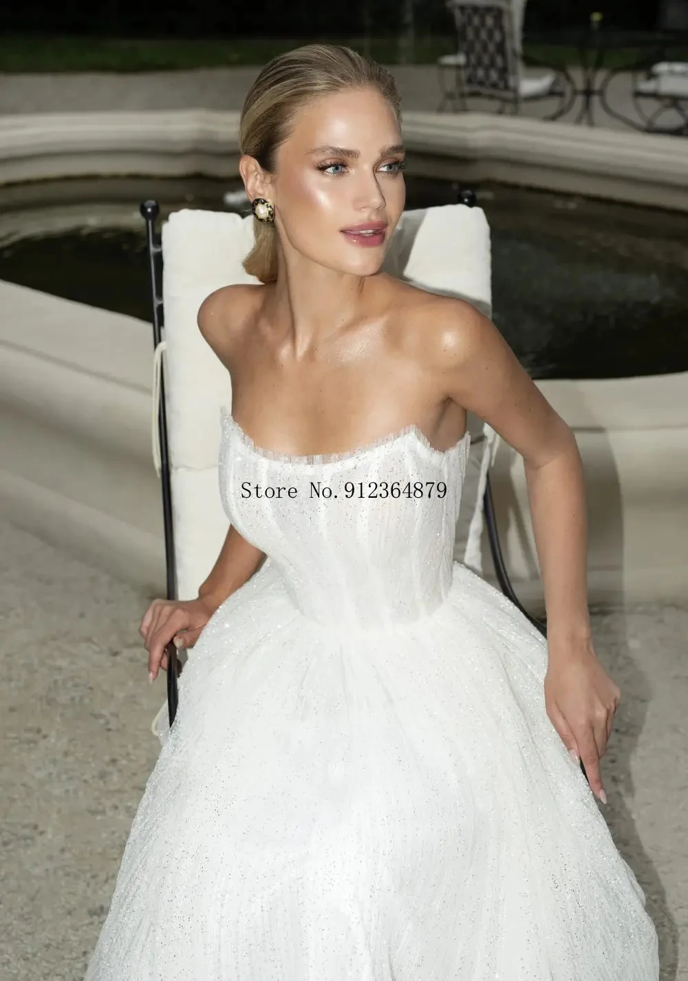 Customized Strapless Bridal Dress with Sparkly Tulle Skirt and A-Line Silhouette Glamorous Wedding Dress for Dreamy Brides