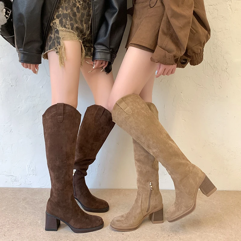 Women Knee High Boots Faux Suede Side Zipper Chunky Block Heel Round Toe Autumn Winter Lady Tall Boots Casual Street Boots Shoes - view 3