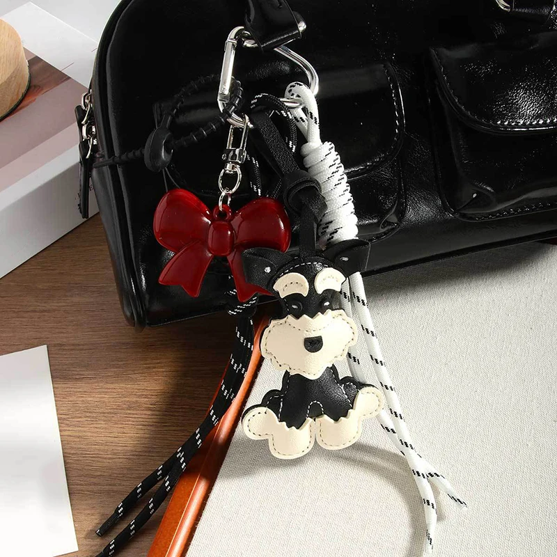 Cute PU Leather Schnauzer Keychain Cute Puppy Dog PU Leather Hanger Animal Car Keyring Bag Pendant Women image 2