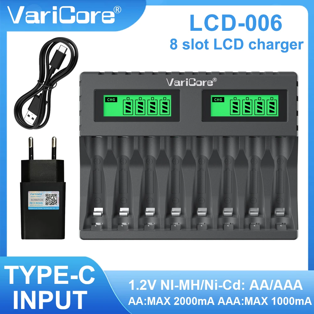 شاحن بطارية VariCore LCD-006 ذو 8 فتحات لبطاريات AA AAA Ni-MH القابلة لإعادة الشحن، شاحن ذكي عالمي مع شاشة LCD #1