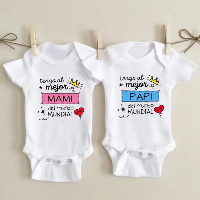 I Have The Best Mom/Dad in The World Spanish Printed Baby Bodysuit Infant Short Sleeve Romper Cotton Newborn Twin's Onesie