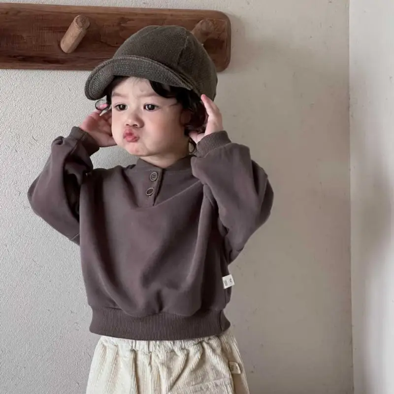 2025 outono novo bebê manga longa moletom sólido infantil solto algodão pulôver meninos meninas moletom casual roupas da criança