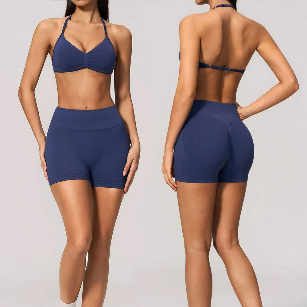 DUOMI Fitness Set 2Pcs Women Gym Sports Bra Running Sports Shorts With Pockets High Impact Breathable Racerback Yoga Tops