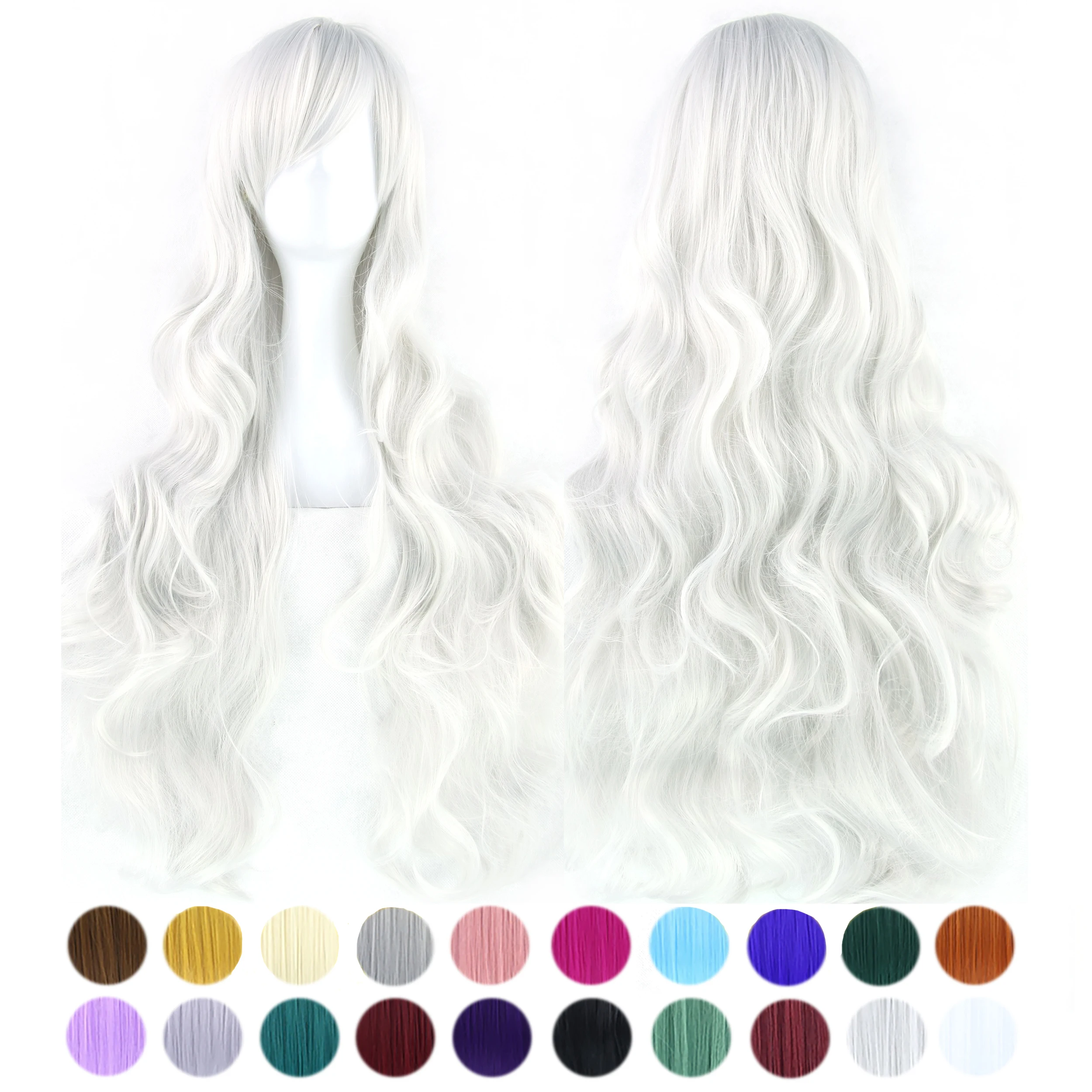 

Soowee 30 Colors Long Wavy Synthetic Hair Silver White Cosplay Wig with Bangs Colorful Halloween Costume Wigs for Girls