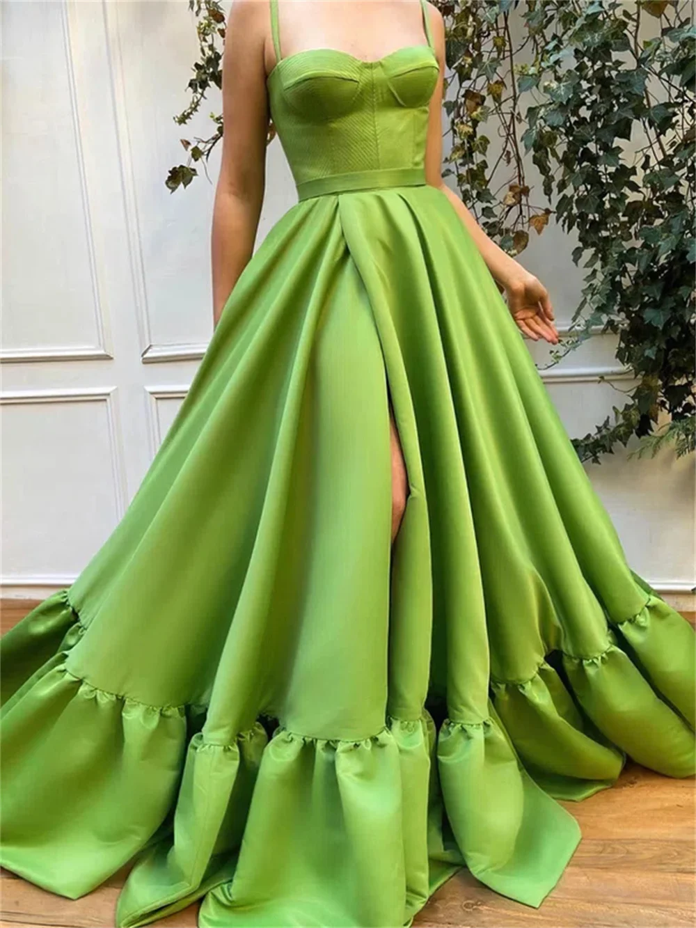 Cathy Green Satin Wedding Dress Spaghetti Strap A-line فساتين سهرة Elegant Sleeveless Side High Split vestidos de fiesta 2024