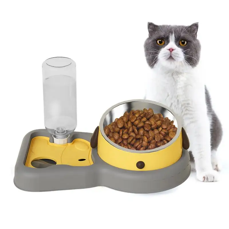 Double Dog Cat Bowls Automatic Water Dispenser 15-Degree Tilted Cat Food Bowl Stainless Steel Pet Bowl Supplies Detachable