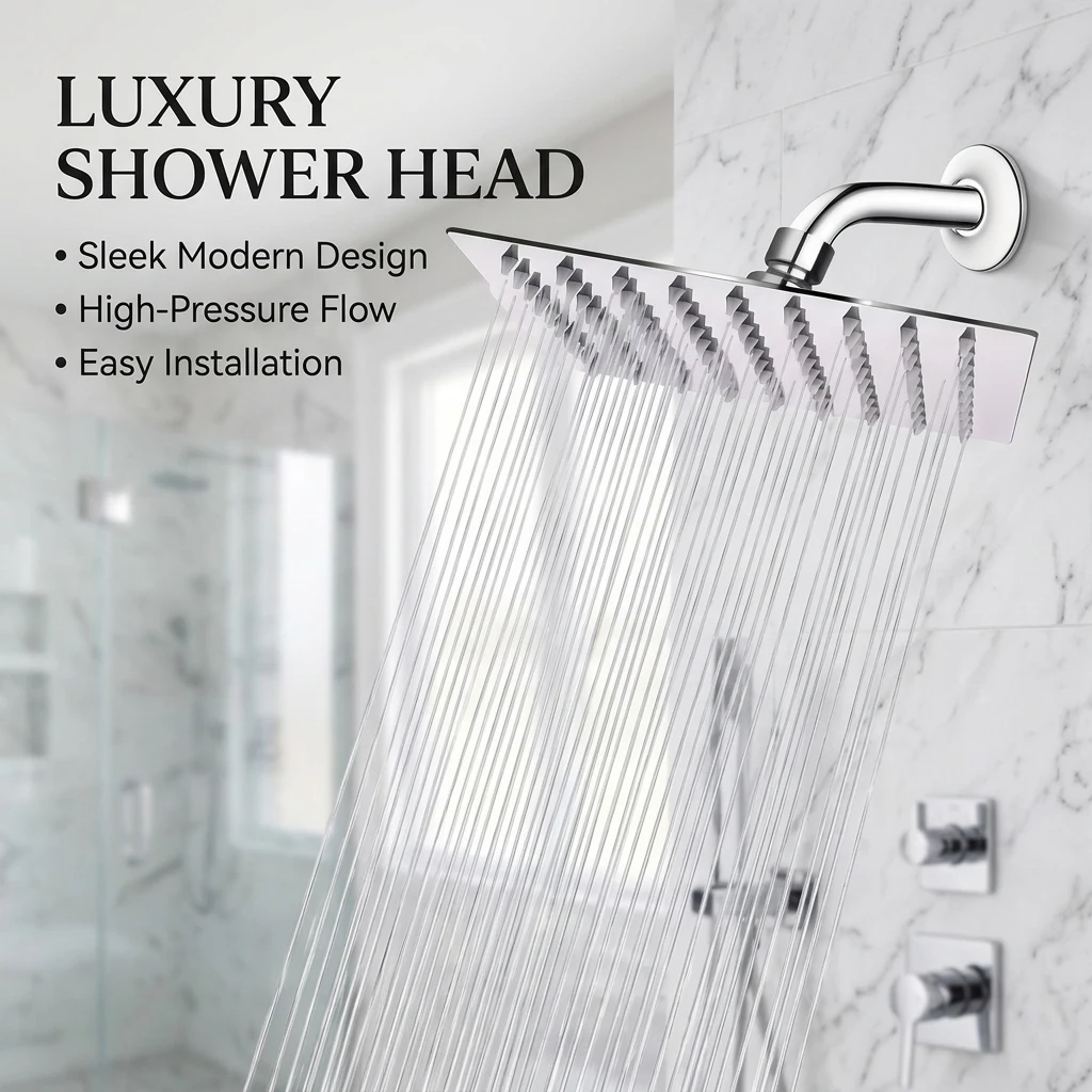 High End Square Top Showerhead Stainless Steel Showerhead with High-Pressure Water Output, Enjoying a Bathing Experience