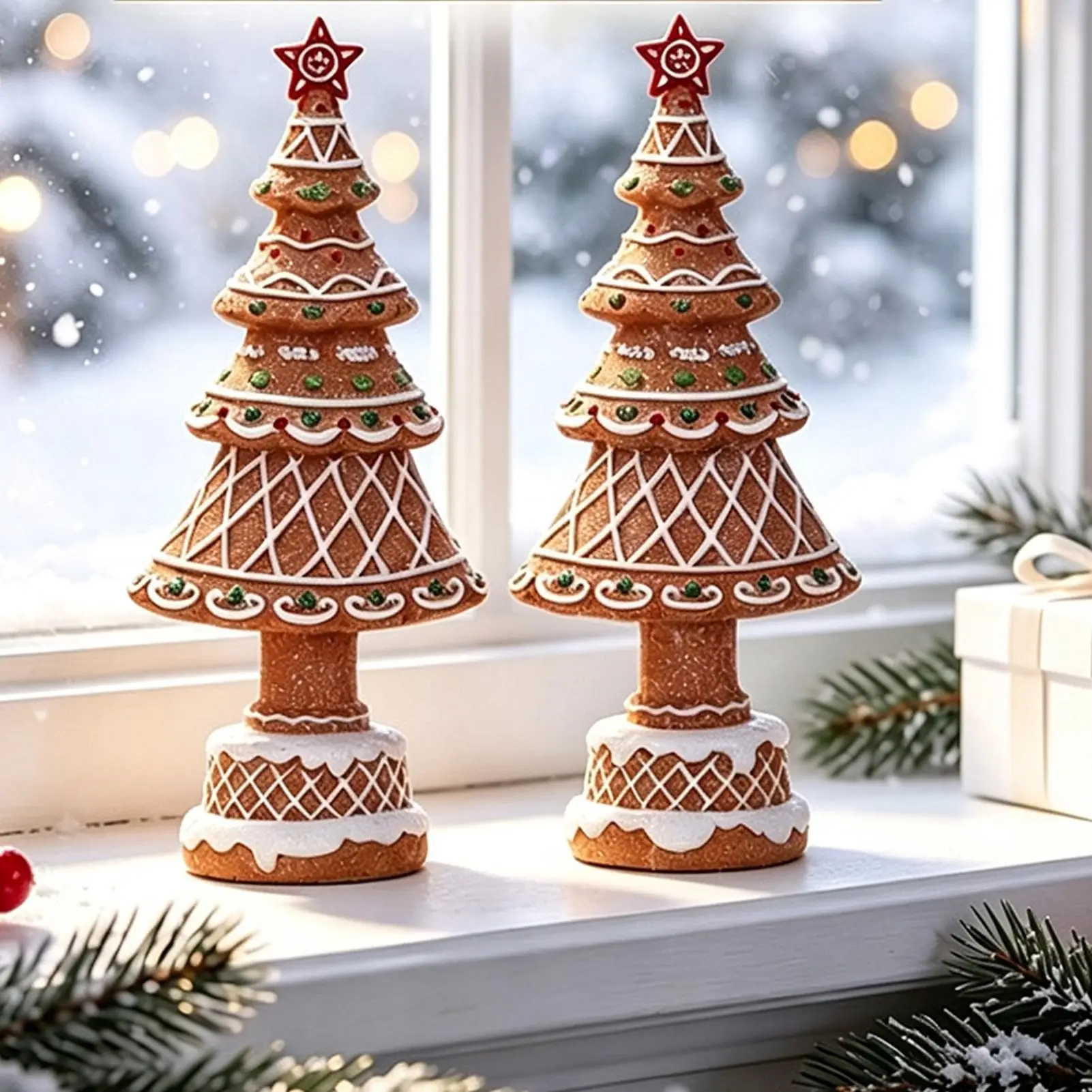 Gingerbread Christmas Village Tree Resin Decor Figurines Festive Christmas Ornament Tabletop Mantel Shelf Home Decoration House