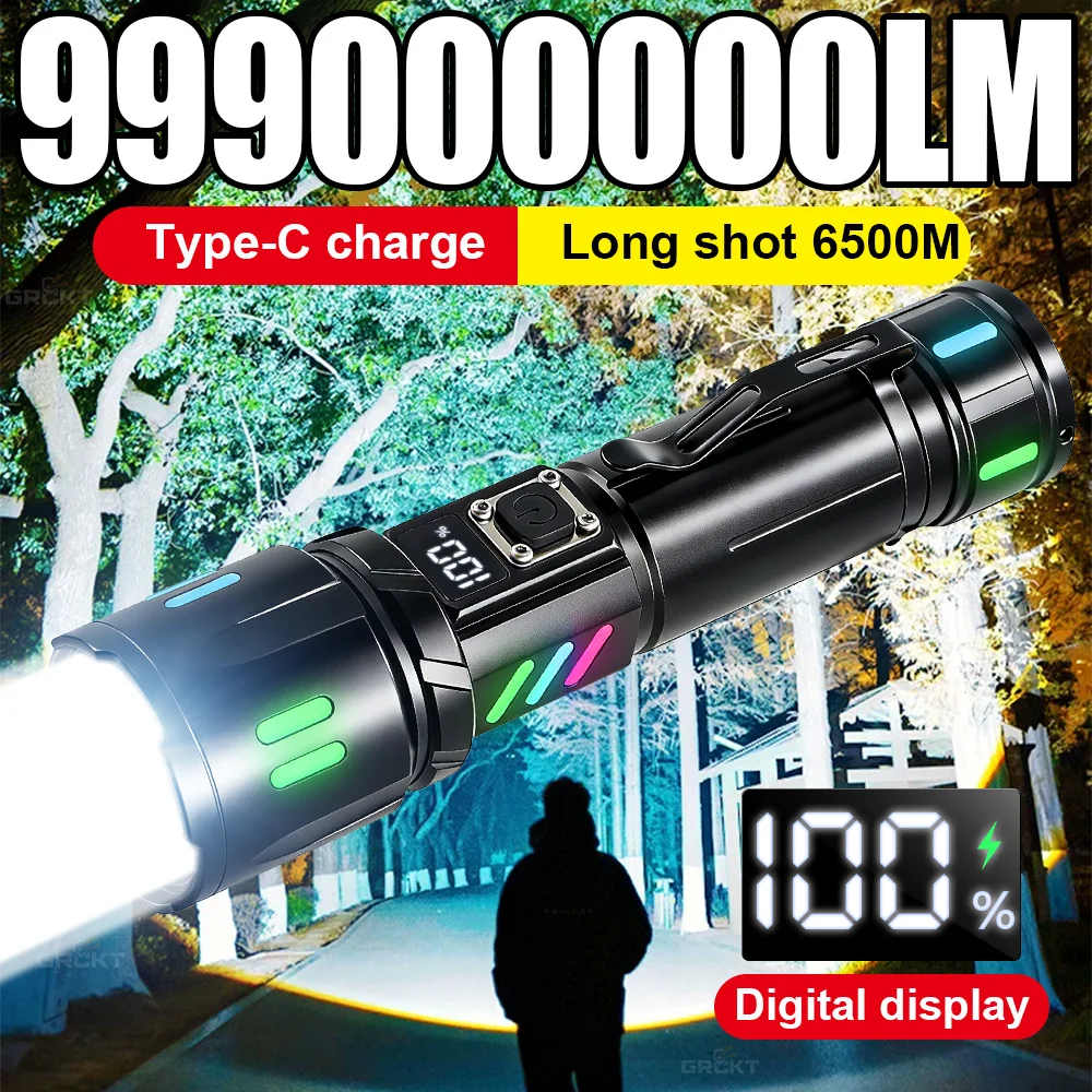 

999000000LM Super Bright Flashlight Portable Rechargeable LED Lamp Zoom Tactical Lantern Waterproof Outdoor Fishing Camping Lamp