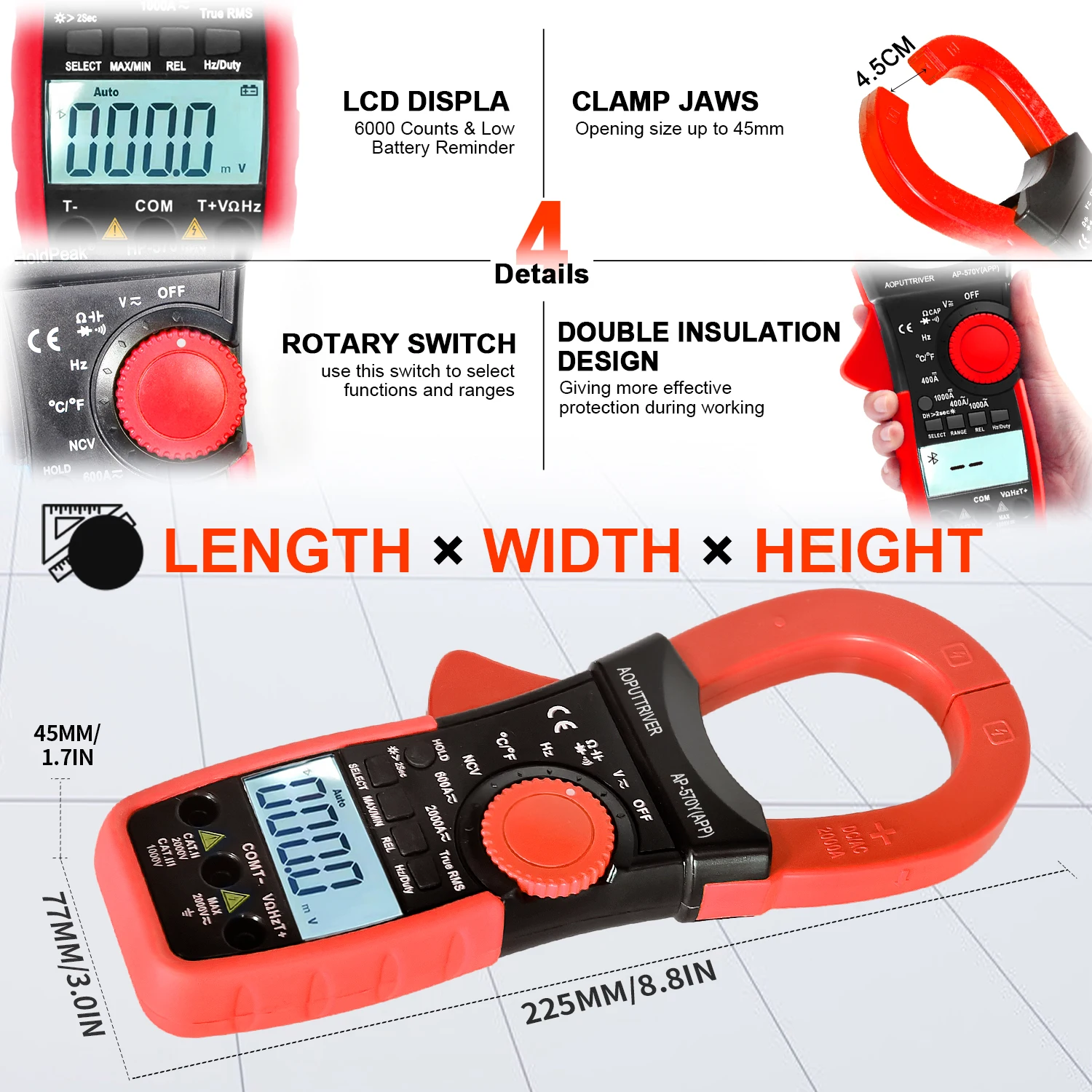 570Y-APP 6000 Counts True-RMS Auto Range Intelligent Digital AC/DC Clamp Multimeter with APP Data Logger for Electrician