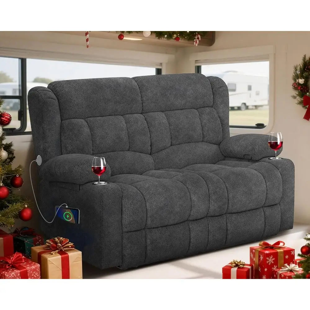 

RV Loveseat Recliner with USB Ports, Cup Holders, and Adjustable Velvet Fabric Recliners for Travel and Home Theater