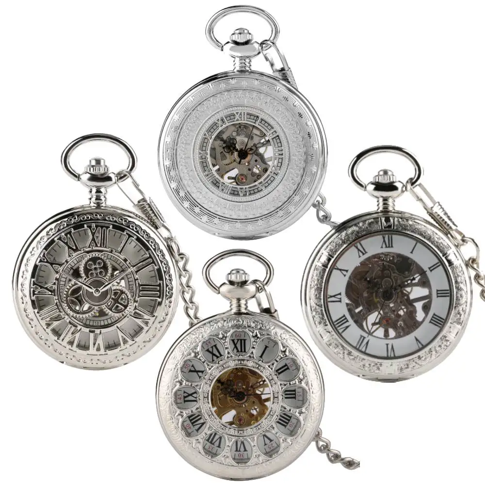 Multi-style Choice Silver Mechanical Hand Winding Pocket Watch Roman Numeral Dial Fob Chain Pendant Clock Men Collectible Gift