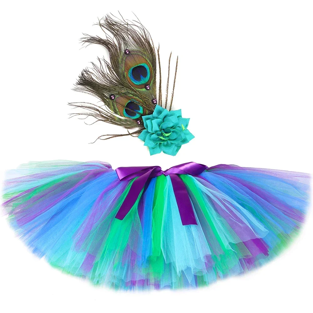 Girls Peacock Tutu Skirt Fluffy Baby Girl Mini Tulle Skirts Toddler Kids Ballet Dance Tutus Birthday Jungle Party Animal Costume