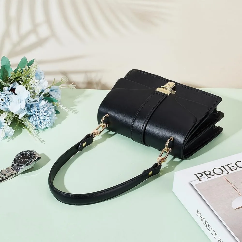 Black Genuine Leather Purse Strap 45cm/ 17.7inch Short Bag Strap Bag Handle Replacement Leather Straps with Alloy Clasps