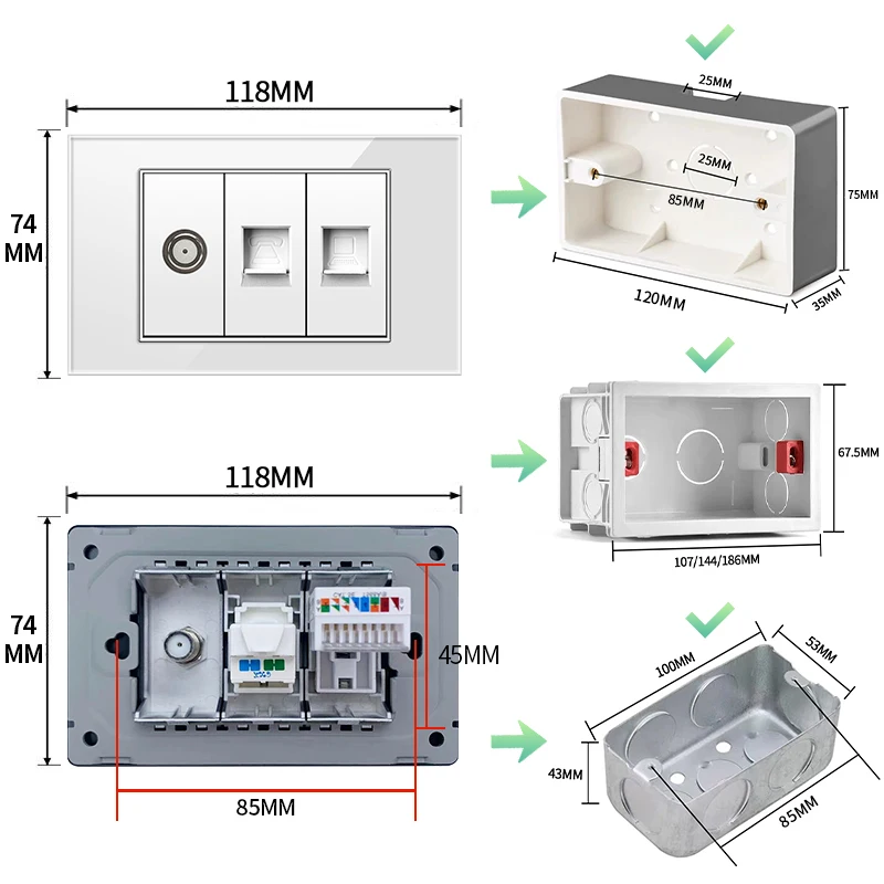 ELEGAN 118mm White Tempered Glass panel Swiss-Brazil standard series 118*74mm wall computer combination socket switch 10A 20A