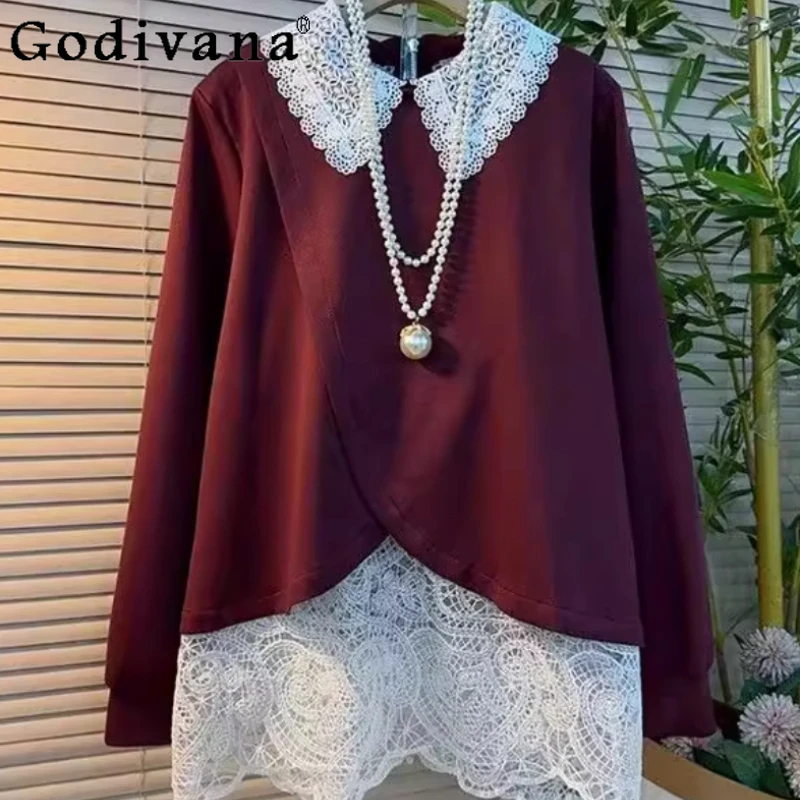 

Plus Size Fashion Versatile Age-reducing College Fake Two-piece Lace Long Sleeve T-shirt Women Autumn New Loose Leisure Tops