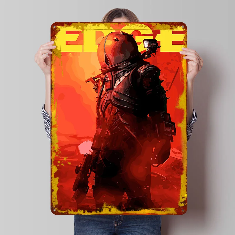 Astronaut in Red Environment With Gun Poster Customized Vintage Metal Signs Wall Art Retro Tin Plaque for Fans Man Cave Decor