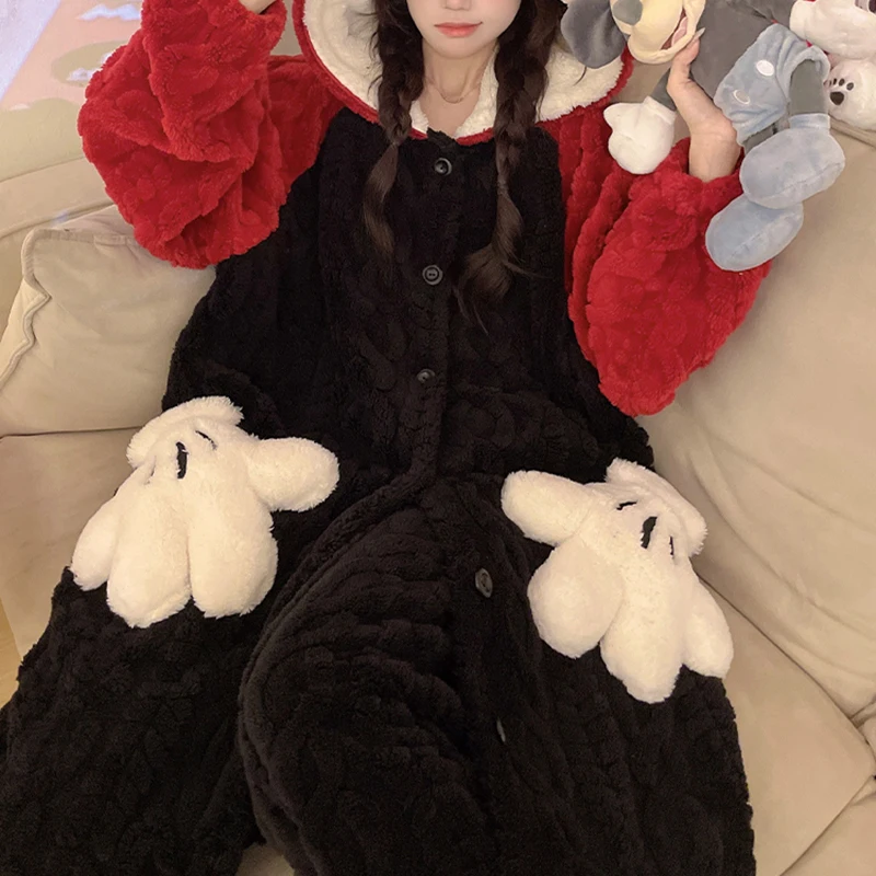 Mickey Cute Cartoon Dress Up Pajamas Coral Fleece Warm And Cute Hooded Nightgown Flannel Casual Home Suit Set Birthday Gift