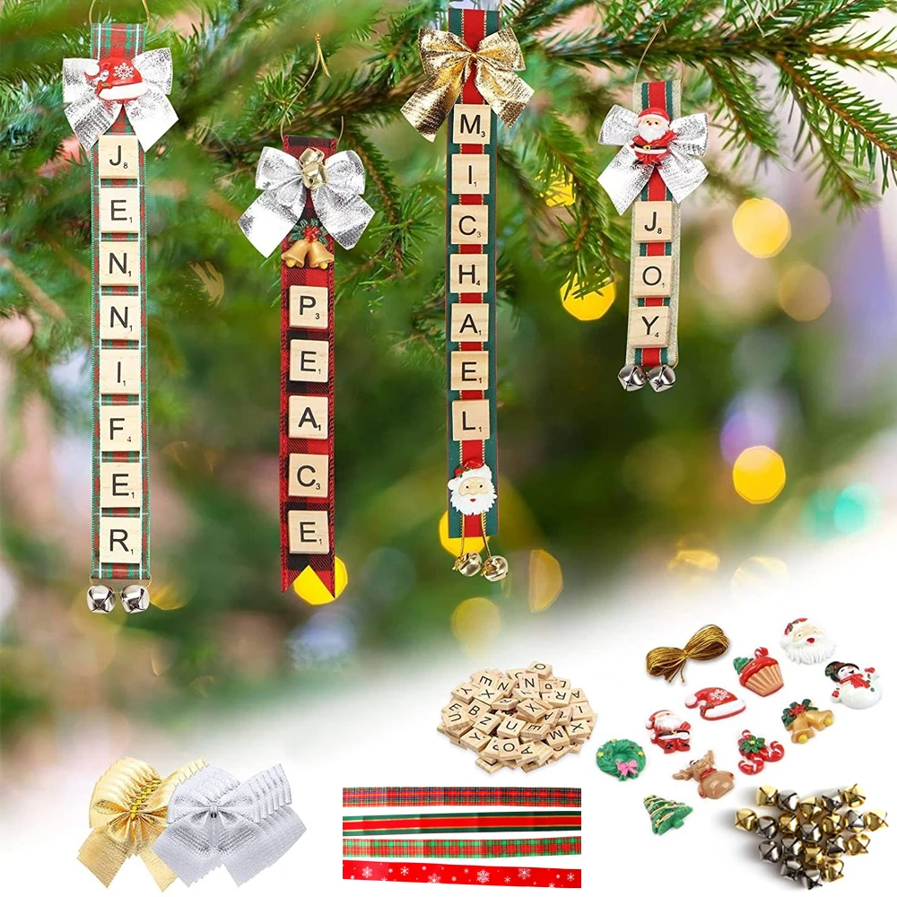 DIY Christmas Bell&Bow&Letter Tiles&Resin Accessories&Plaid Ribbon Accessory Set for Home Christmas &New Year Party Decoration