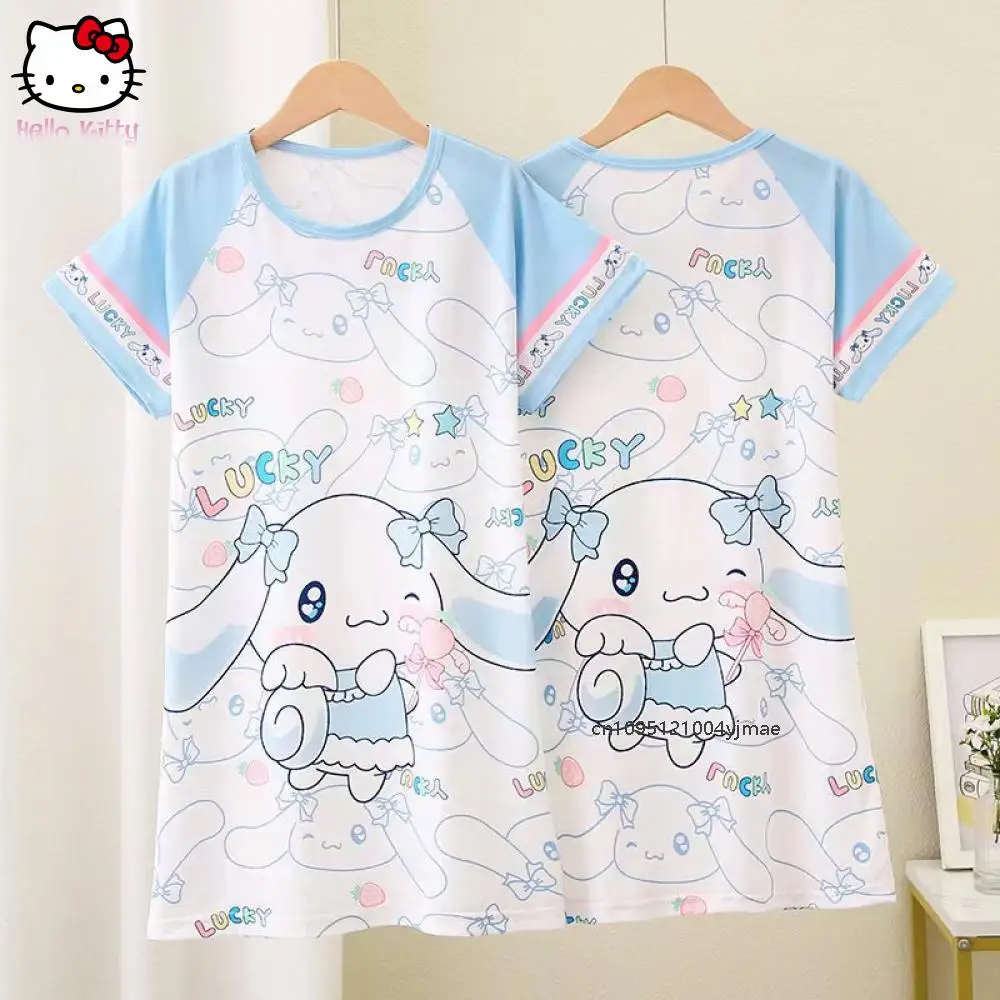 

Детские пижамы Cinnamoroll Kuromi в стиле аниме Kawaii Sanrio, платье с круглым вырезом с героями мультфильмов, повседневная свободная удобная милая домашняя одежда для девочек