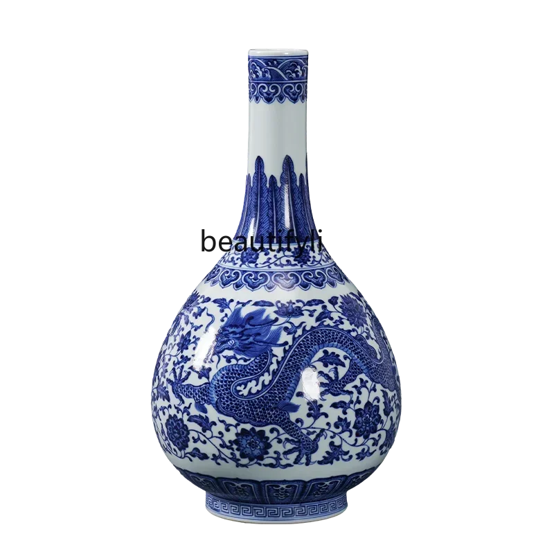 Q181 Blue and white porcelain dragon pattern bile vase Jingdezhen ceramic living room flower arrangementChinese style porch orna