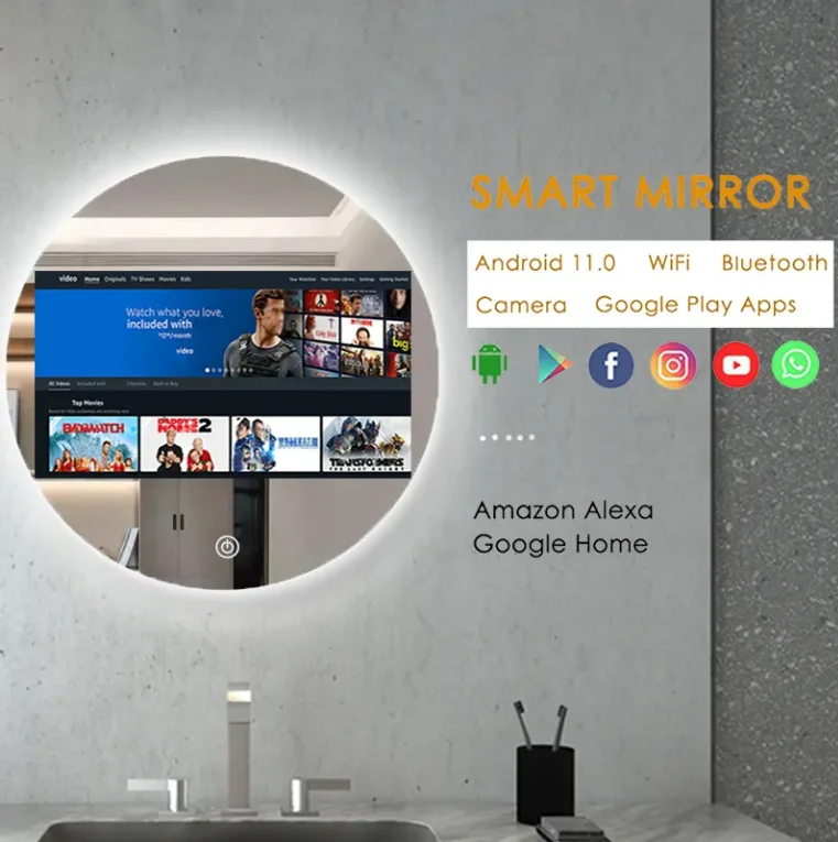 Frameless Round Smart LED Bathroom Mirror, WiFi Android TV with HD & Music Playback
