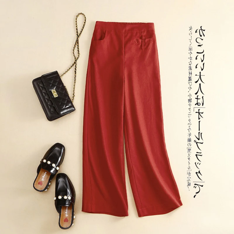 Botão retrô algodão linho cintura alta perna reta calças largas primavera solta emagrecimento drape calças casuais cor de linho L...