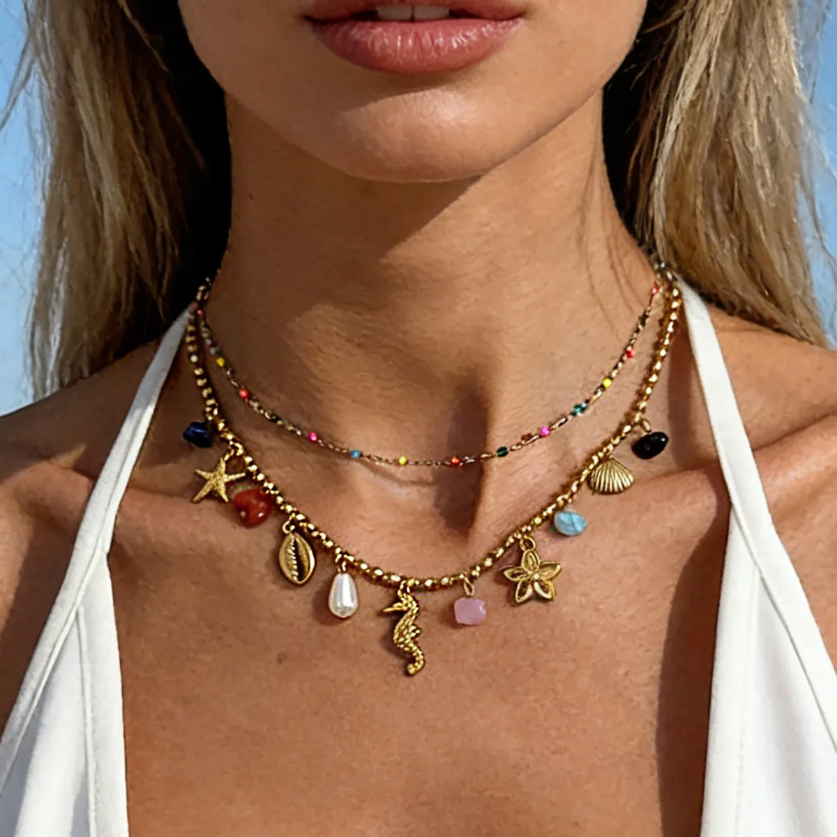 Stainless Steel Starfish Faux Pearl Necklace Ocean Style Double Layer Colorful Beaded Choker for Women Daily Wear Necklaces