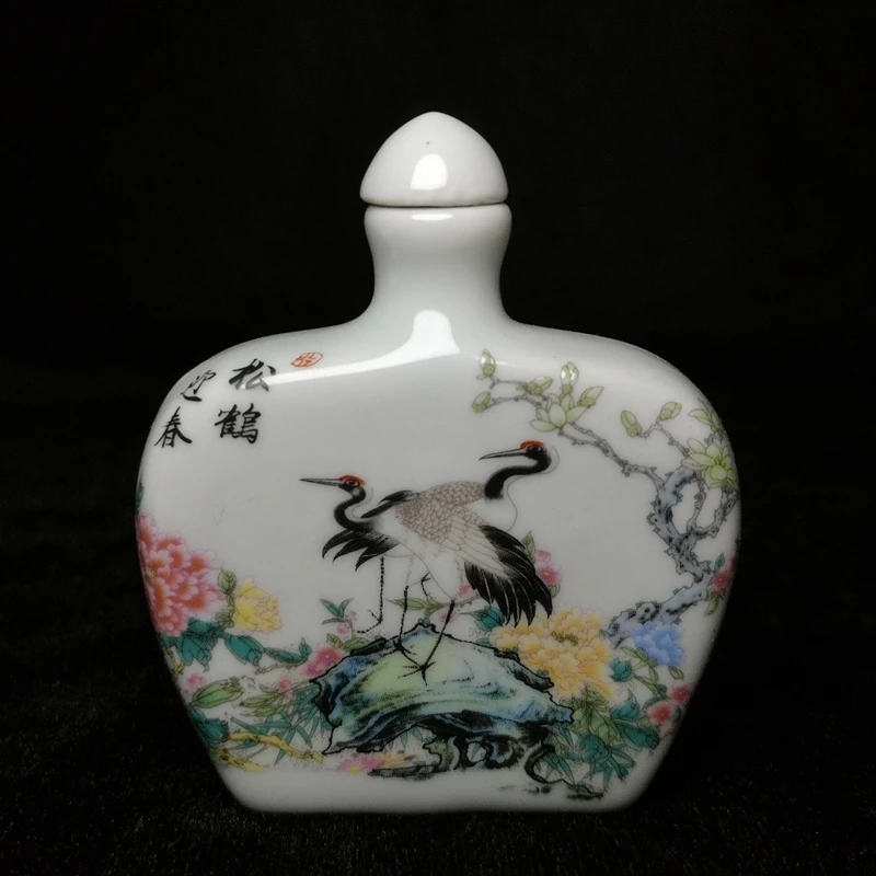 1919 Antique art Size 2.8 Inch Chinese Porcelain Painting Crane Statue Flower Butterfly Snuff Bottle Gift Decoration Collection