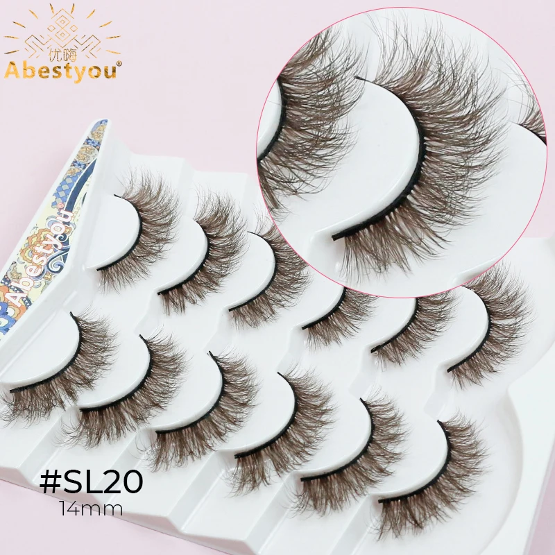 Abestyou 6 คู่ 8d สีน้ําตาลเข้มหรูหรา Mink Fluffy Lashes คุณภาพสูงแถบผ้าฝ้ายสีดํารัสเซียขนตา