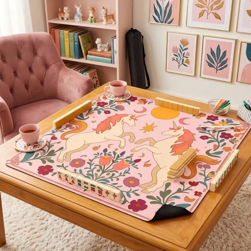 VIKAMA Pink Sun Moon Unicorn Floral Mahjong Mat Double Sided Non Slip Girly Family Party Mahjong Poker Pad