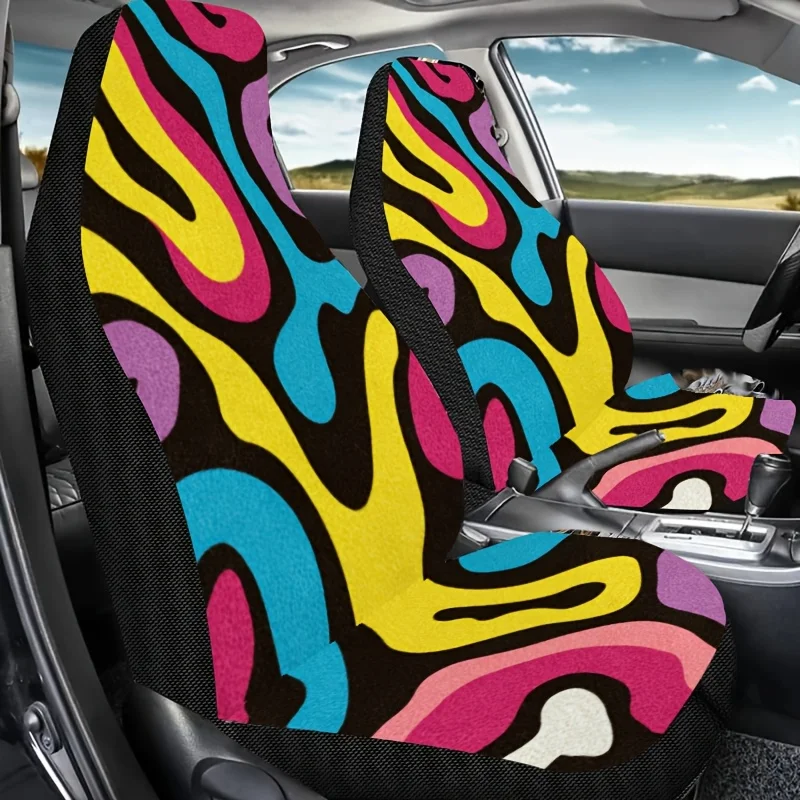 Two Pieces Of Bohemian Style Colorful Wave Pattern Printed Car Seat Covers, Easy To Clean, Unisex Front Seat Protectors For Cars