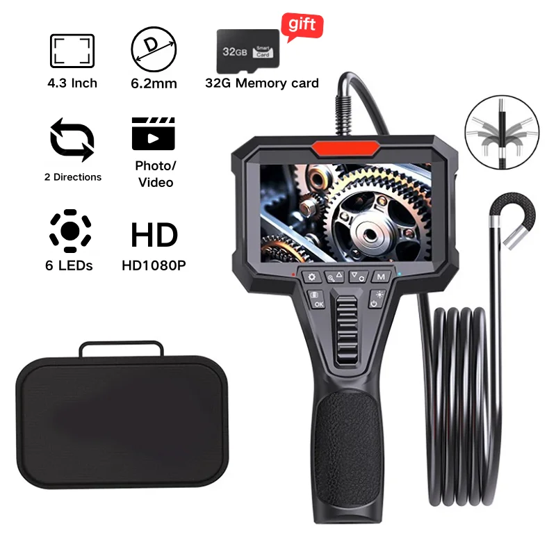 

Двусторонний шарнирный эндоскоп 3,9 мм/6,2 мм с 4,3-дюймовым рулевым управлением HD 1080P, промышленный бороскоп для проверки канализации двигателя