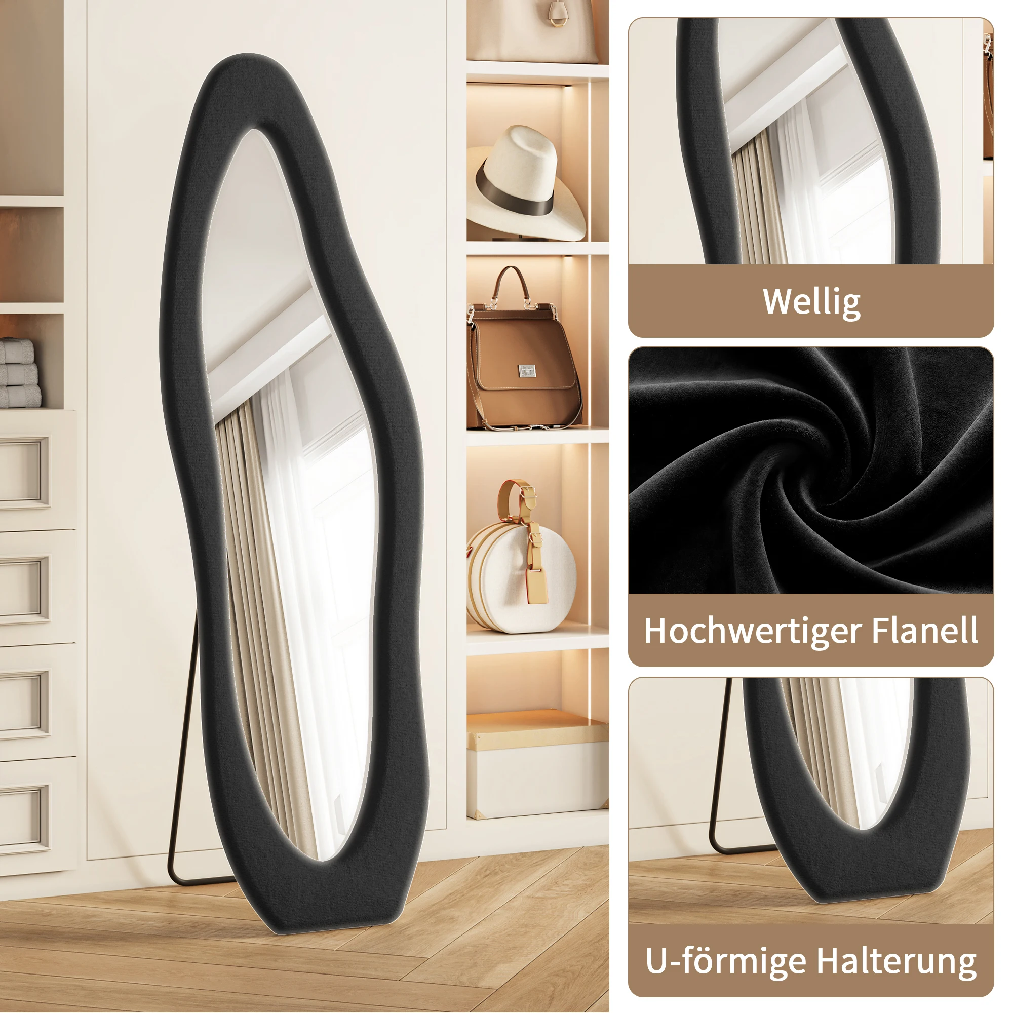 Comanlai, specchio da terra 160×50 cm, specchio moderno a figura intera con design artistico irregolare, grande specchio da parete ondulato con supporto, può essere appeso, con cornice in legno per la