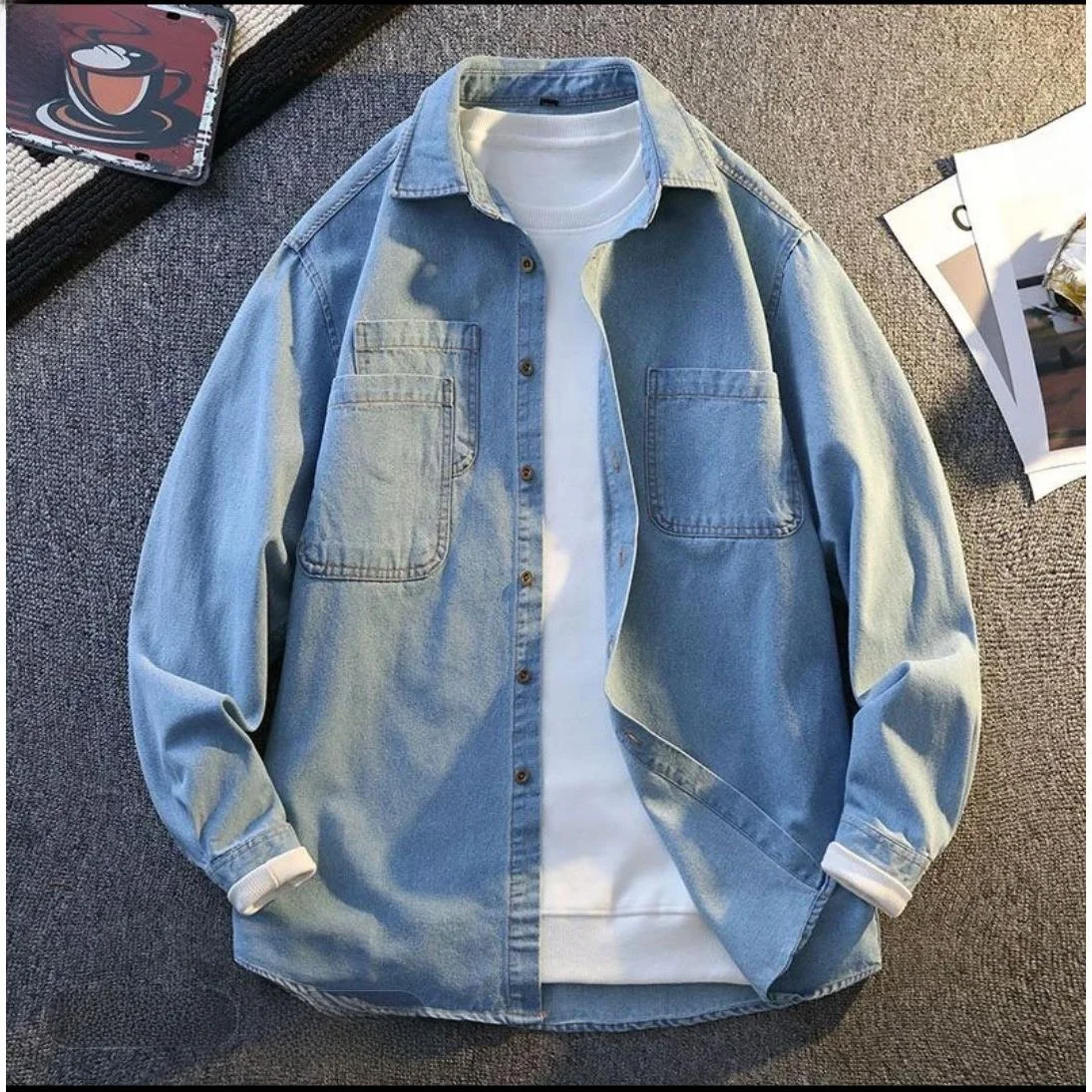 

Ретро-куртка в гонконгском стиле, повседневная, с длинными рукавами, джинсовая рубашка с воротником для мужчин, весенне-осенняя, простая и стильная верхняя одежда.