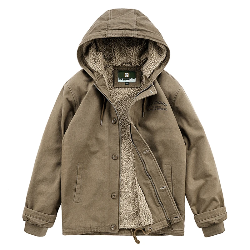 US Hot Sale Mens Fleece Cargo Jackets Man Warm Thick Winter Cashmere Hooded Parka Top Quality Solid Color Coats Military Outwear