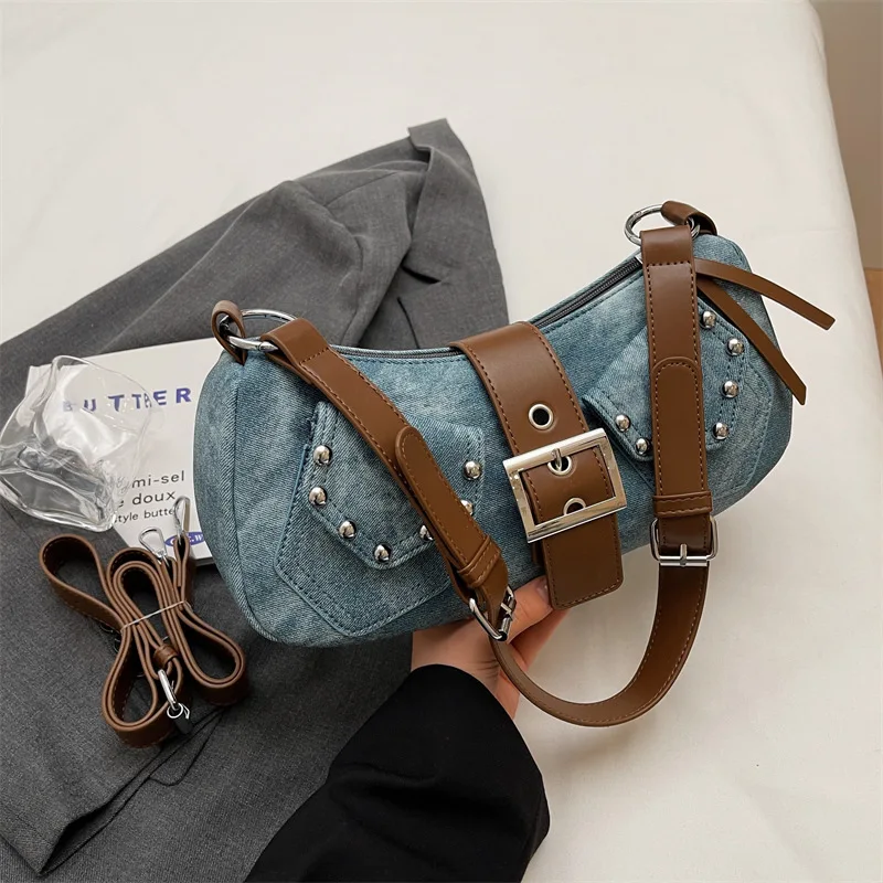 

Hottie Style Armpit Bags PU Half moom Bag Clash Colour Shoulder Crossbody Ladies Rivet Bags