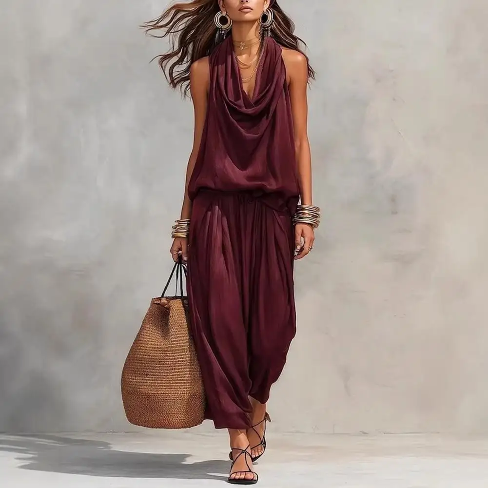 

Women Summer Two Piece Sets Cowl Neck Sleeveless Top And Crop Pants Matching Sets Casual Going Out Lounge Outfit Women Clothing