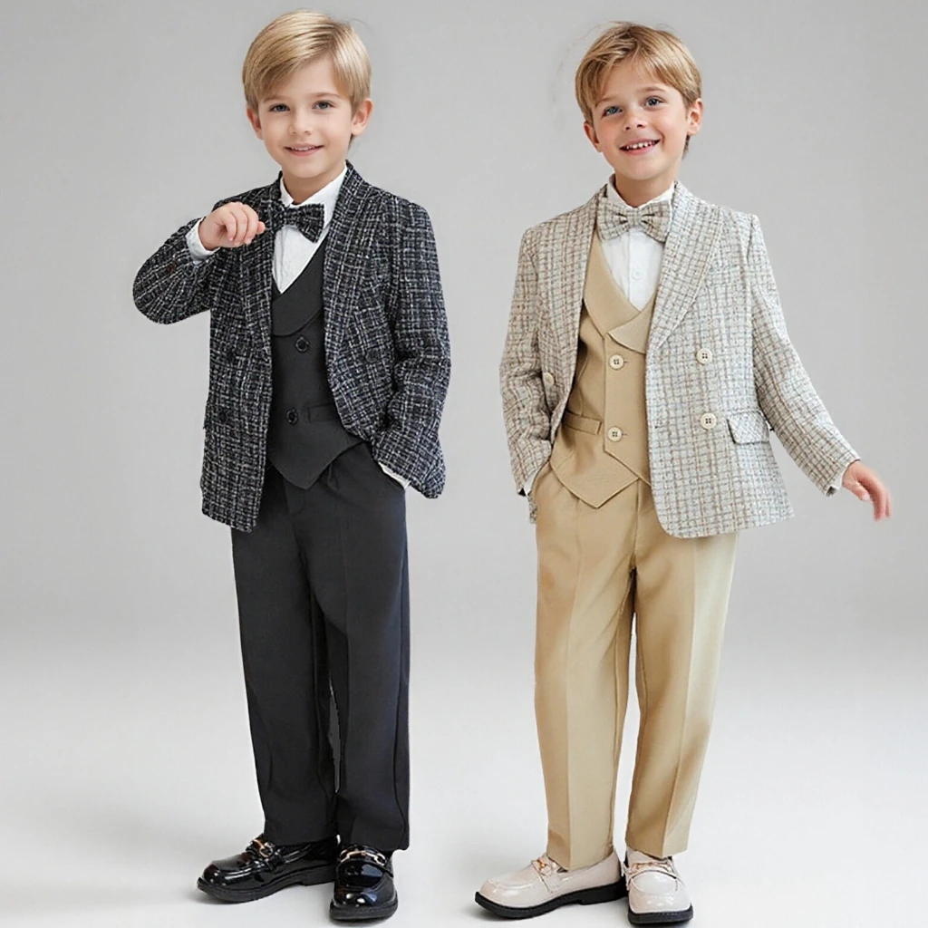 Kids Boys Tweed Plaid Blazer Suit with Vest Shirt Bow Tie Straight Pants Formal Wedding Birthday Piano Stage Performance Outfit