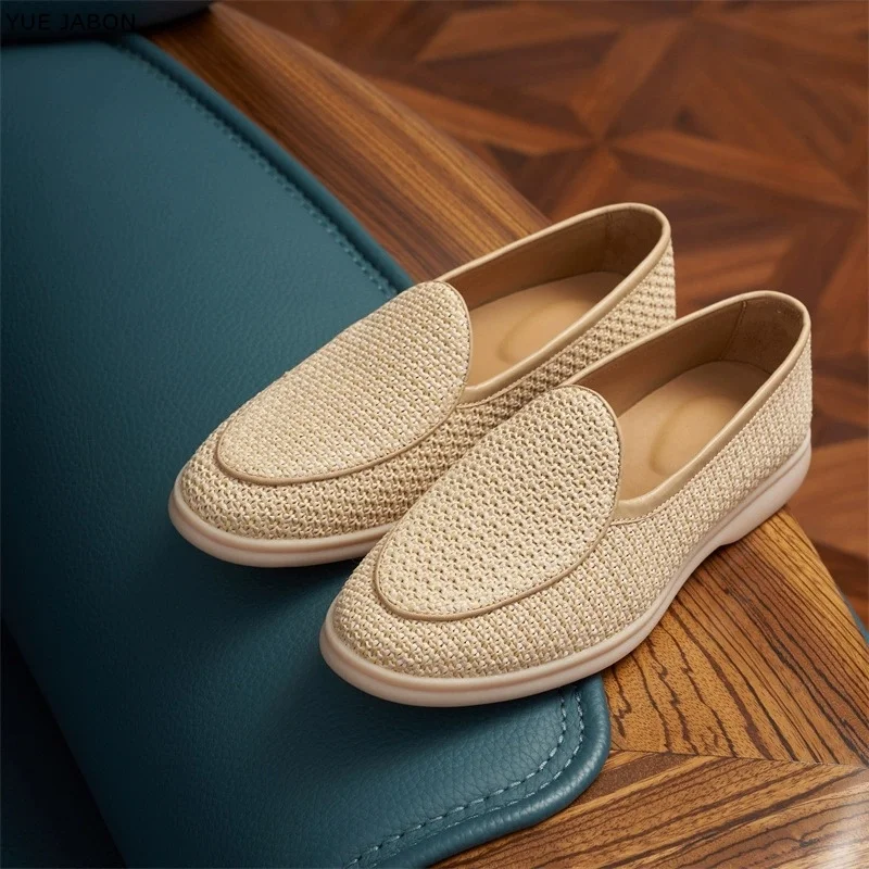 Men's Summer Breathable Woven Loafers Shallow Mouth Flat Slip-On Genuine Leather Shoes Soft Sole Comfortable Commuter Lazy Shoes