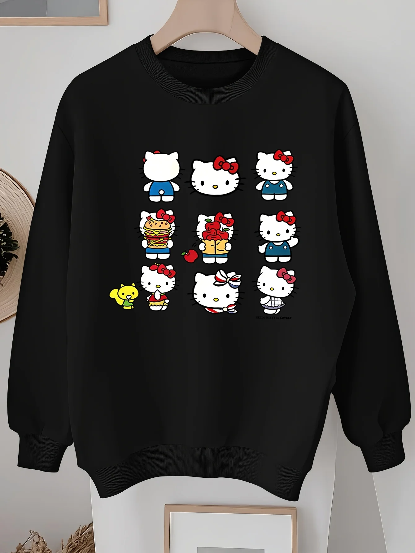 سويت شيرت نسائي من Sanrio Hello Kitty برقبة دائرية، بلوفر للجنسين من الصوف كاجوال للخريف والشتاء، ملابس خروج كبيرة الحجم