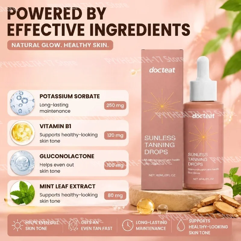 Sunless Tanning Drops with Vitamin B1 and Gluconolactone To Helps Even Out Skin Tone Long-lasting Maintenance 60 ML