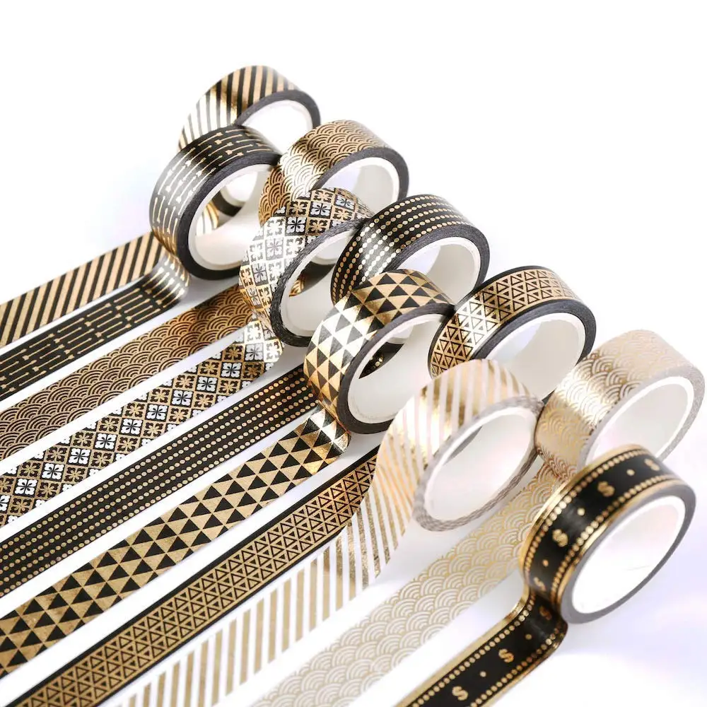Black Gold Washi Tape Set 10 Rolls Basic Foil Print Decorative Masking Tapes for Arts, DIY Crafts, Journals, Planners, Scrapbook