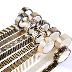 Black Gold Washi Tape Set 10 Rolls Basic Foil Print Decorative Masking Tapes for Arts, DIY Crafts, Journals, Planners, Scrapbook