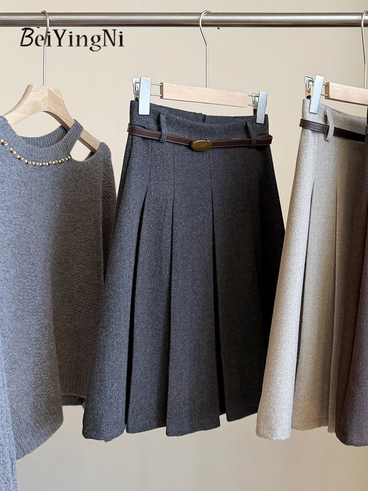 Beiyingni Fall Winter Korean Pleated Skirts Women Fashion Trendy Thick Woolen High Waist Hotsweet Senior Classy OL Short Skirt