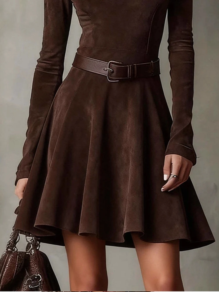 Women Fashion High Waist Pleasted Zipper Slim Dresses Female Autumn Chic Cloth Vintage Half High Neck Long Sleeve Short Dress