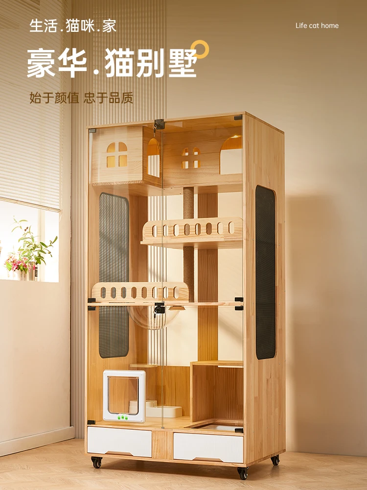 

Solid wood cat villa household indoor super luxury cat cage with toilet integrated large free space glasshouse