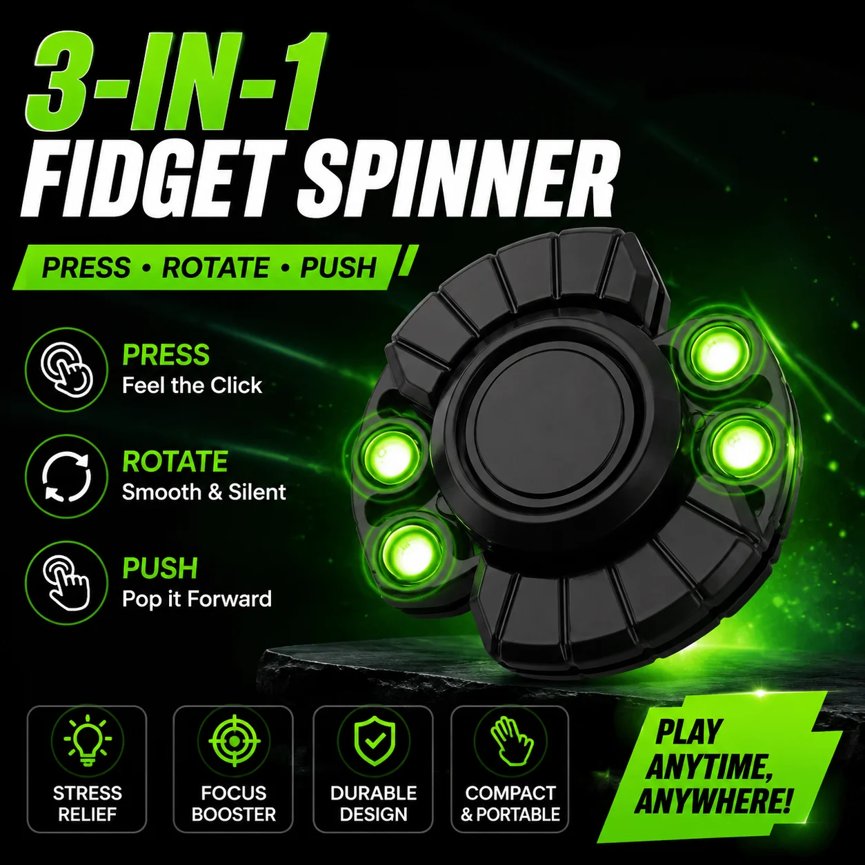 Focus Tool EDC Fidget 3-in-1 Fidget Toy Magnetic Spinner Push Play Gadget Stress Relief for Anxiety Kids Adults